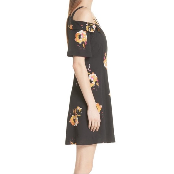 NWT A.L.C Lucia Silk Black Floral Asymmetrical Off Shoulder Faux Wrap Dress - 10 - Picture 3 of 15